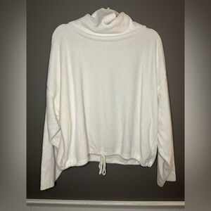 Cozy White Funnel Neck Drawstring Sweater